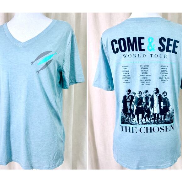 The CHOSEN NWT Blue Unisex V-Neck MED Graphic T-Shirt Christian Jesus - Picture 2 of 8